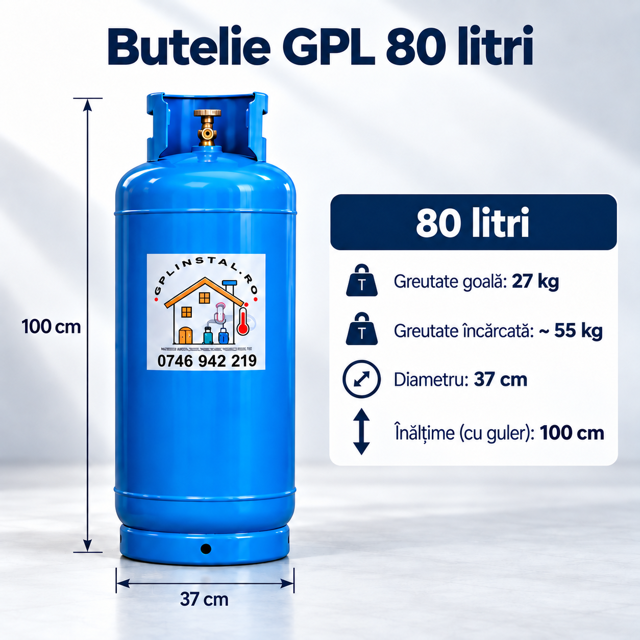 Infografic dimensiuni butelie GPL 80 litri - înălțime 100 cm, diametru 37 cm și greutate 27 kg